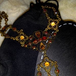 Vintage Ornate brass Bib Necklace with Gold and Red Jewel Accents